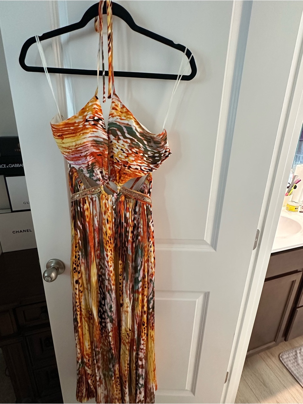 Fashion Nova Orange Multicolor Halter Maxi Dress with Cutout Waist